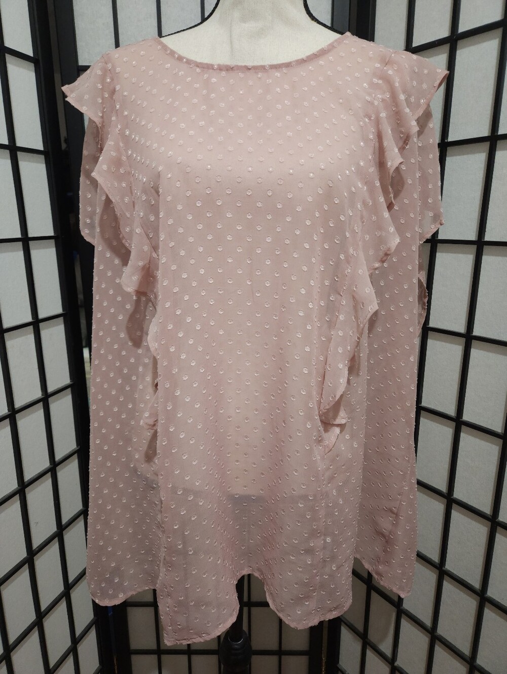 Torrid Size 3 (3X) Sheer Pink  Polk Dot  Ruffle Front Cap Sleeve Blouse